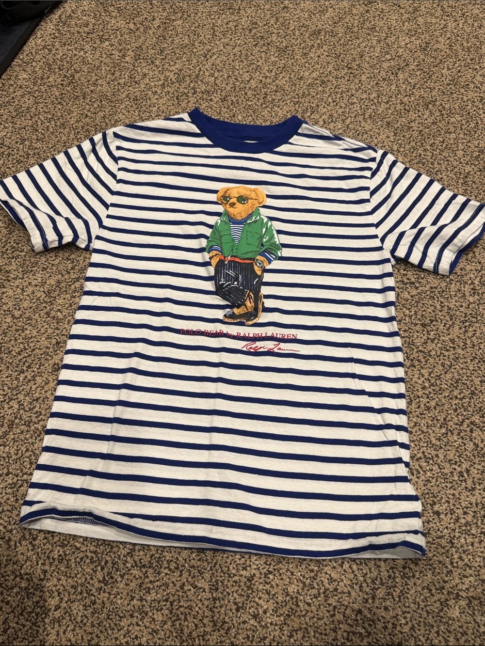 Polo by Ralph Lauren White & Blue Striped Bear Graphic Tee